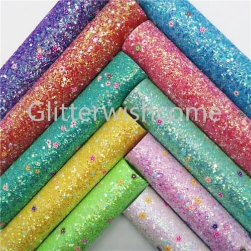 Glitterwishcome 21X29CM Size Neon Glitter with Flowers, Chunky Glitter Leather, Faux PU Leather fabric Vinyl for Bows, GM3152B