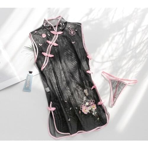 Retro Chinese Cheongsam Sexy Lingerie Embroidery Flower Jacquard Higher Open Spilt Erotic Nightdress Sexy Sleepwear