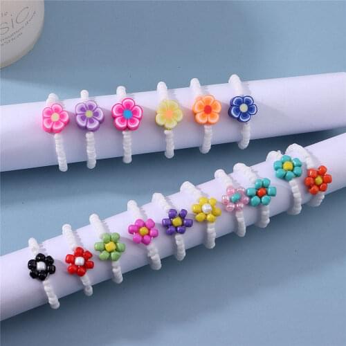 Fahion Cute Colourful Clay Acrylic Beaded Rings For Women Girl Boho Geometric Flower Stone Bead Ring Adjustable Handmade Jewelry