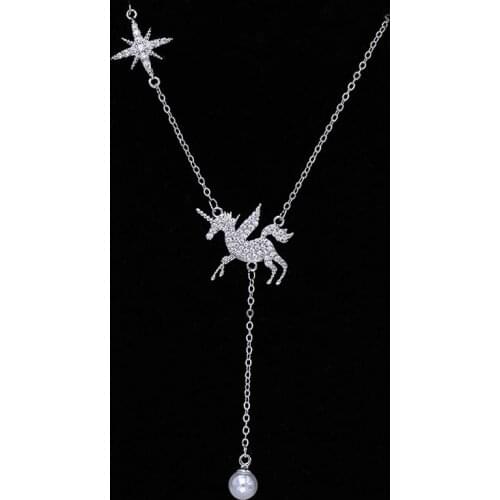 Fashion Small Cute Unicorn Necklace For Young Ladies High Quality Cubic Zirconia Imitation Pearl Pendant Necklace Dropshipping