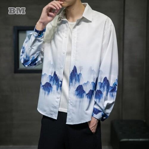 2021 Chinese Style Plus Size Tie Dye Shirt Men Clothing Fashion Loose Long Sleeves Harajuku Casual Thin Coat Oversized Top
