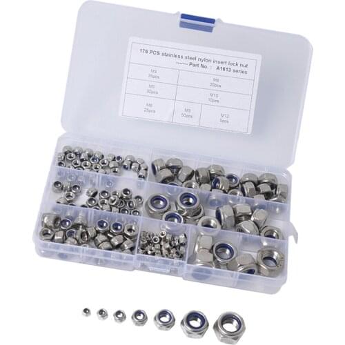 Set Of 175 Stainless Steel M3 M4 M5 M6 M8 M10 M12 Nylon Insert Lock Hex Nuts