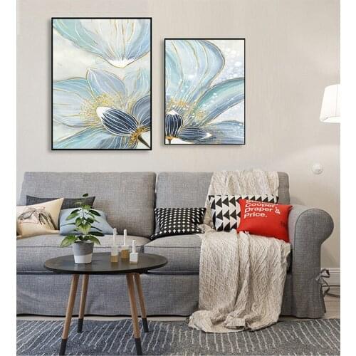 Print Wall Picture Living Room Bedroom Home Decor Nordic Golden Abstract Leaf Flower Wall Art Canvas Painting Blue Lotus Poster
