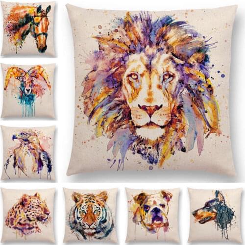 Watercolor Animals Cushion Cover Portrait Head Bighorn Lion Leopard Tiger Bear Eagle Horse Dogs Home Sofa Throw Pillow Case