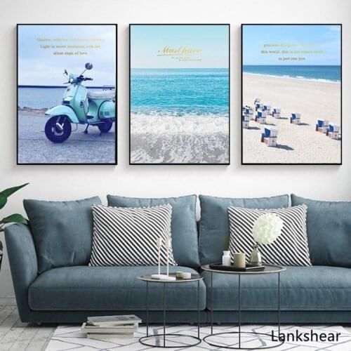 Nordic Pop Art Poster Beautiful Blue Seascape Canvas Painting Mediterranean Style Motorcycle Wall Pictures For Living Room Decor