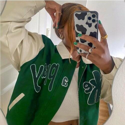 2021 Autumn Letter TAKE PLAY Bomber Jacket Women Green Denim Jacket Sleeve Bomber Jacket with Letter Applique Baseball Jacket