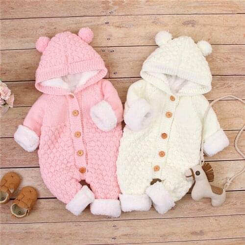 Thick Warm Infant Newborn Warm Romper Baby Boy Girl Wool Knitted Jumpsuit Hooded Toddler Outerwear Baby Rompers Winter Clothes