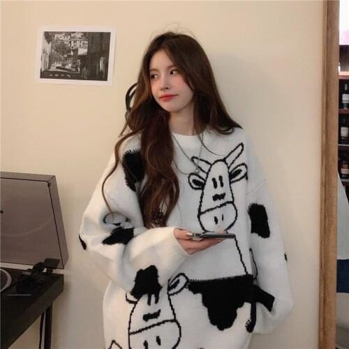 New autumn and winter cow pattern pullover Korean style loose sweater women