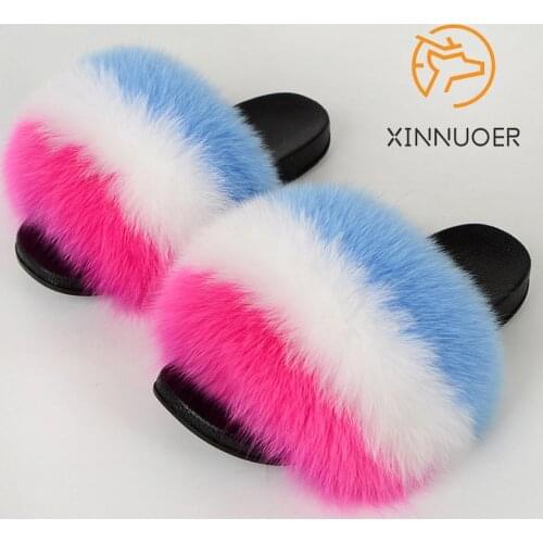Fur Slippers Fox Fur Luxury Fluffy Cute Plush Flip Flops Ladies Summer Outdoor Business Fashion Flat Sandals