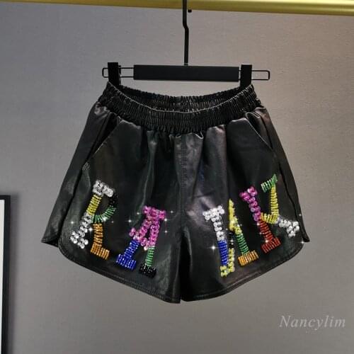 Outer Wear Bootcuts Leather Shorts Womens Autumn and Winter 2021 New Elastic Waist Loose Sequined Wide Leg Pu Short Femme