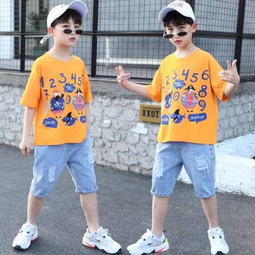 2-13Y Childrens clothing boys' summer suit 2020 new middle and large childrens short sleeve T-shirt + denim knee length pants