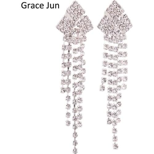 Grace Jun New Bridal Crystal Rhinestone Long Tassel Clip on Earrings Non Piercing Silver Plated Chandelier Earrings for Women