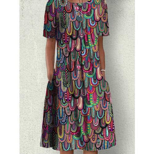 2021 Summer Round Neck Pocket Loose Dress Spring Casual Floral Print A-Line Dress Women Short Sleeve Pleated Party Dress Vestido