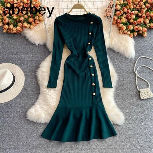 2021 New Spring Autumn Korean O-neck long sleeve knitted Dress Ruffles single breasted high waist mid-length fishtail Dress