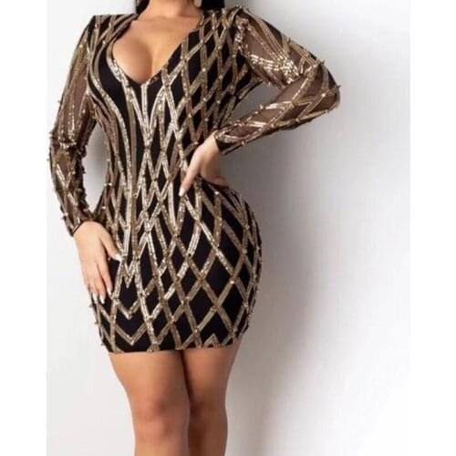 Newest Spring Fashion Celebrity Party Dress Women Long Sleeve V-Neck Runway Sexy Night Out Club Dress Bodycon Sequined Vestidos