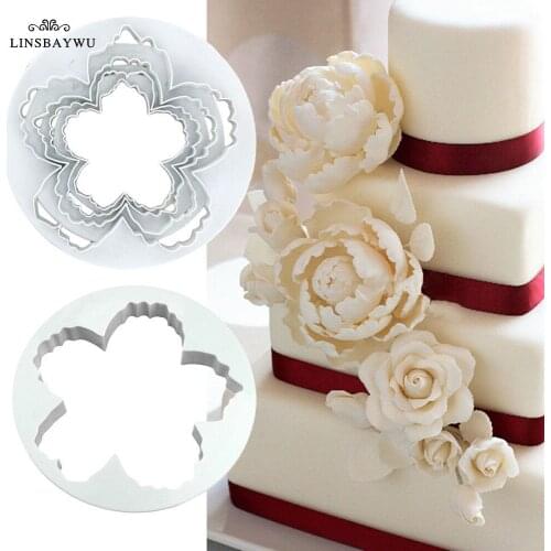 4Pcs Peony Flower Petal Shape Cutter Fondant Cake Mold Cutter Decorating Sugarcraft Plunger Cookie Biscuit Cutter Tool Baking