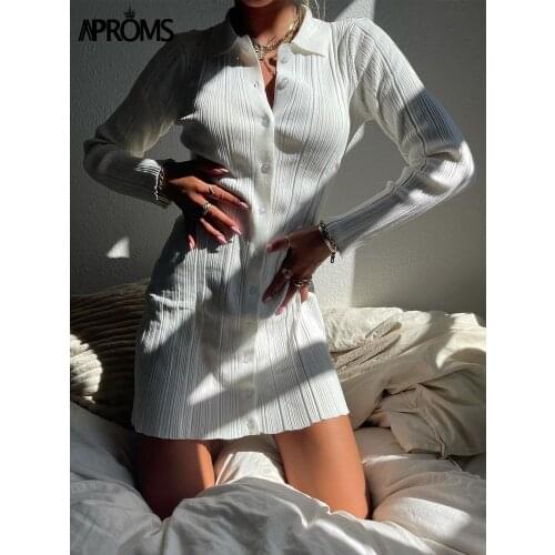 Aproms Elegant Green Thick Ribbed Knitted Shirt Dress Women 2021 Winter Buttons Long Sleeve Stretch Bodycon Short Mini Dresses