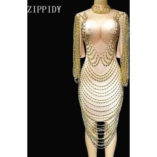Shining New Design Gold Chains Dress Evening Party Sexy Dress Celebrate Costume Singer Performance Beads Dress YOUDU