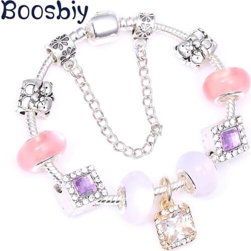Boosbiy Antique Silver Plated Women Charm Bracelets & Bangles With Pink Crystal Glass Beads Fit Original Fine Bracelet Gift