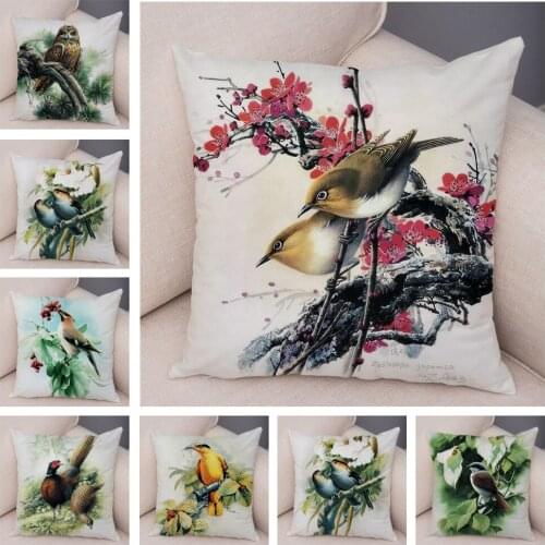 Chinese Style Bird Owl Cushion Cover Decor Watercolor Plant Animal Print Pillowcase Soft Plush Pillow Case for Car Sofa Home