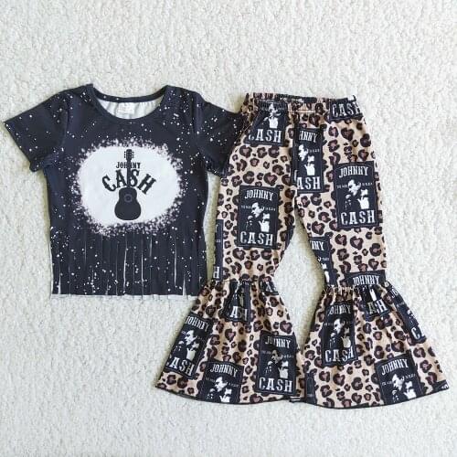 New Style Kids Short Sleeve Black Tassel Top And Leopard Flare Pants Baby Girls Fashion Guitar Print Outfit