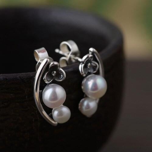 FNJ Freshwater Pearl Stud Earrings 925 Silver New Fine 100% Pure S925 Sterling Silver Earring for Women Jewelry