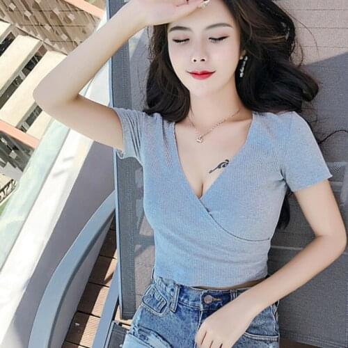 Women Sexy V-Neck Crop Top Korean Fashion Solid Slim Rib T Shirt Casual Short Sleeve Tshirts Clothing