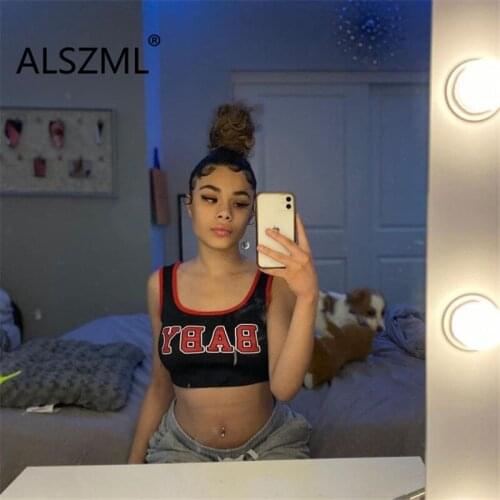 Summer Square Collar Neck Sleeveless Letter Print Crop Top Casual Lady Fashion Tee T-Shirts