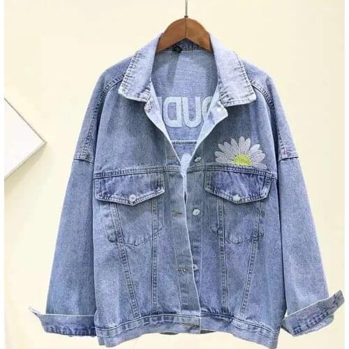 Floral Embroidery Streetwear denim jacket Women Vintage Casual Loose big size Coat Ladies 2021 new spring fashion blue chaqueta