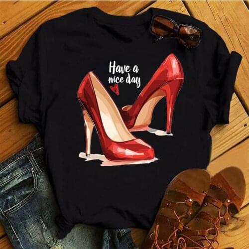 Red high heels printed womens fashion top casual womens T-shirt 2021 new womens black short-sleeved top