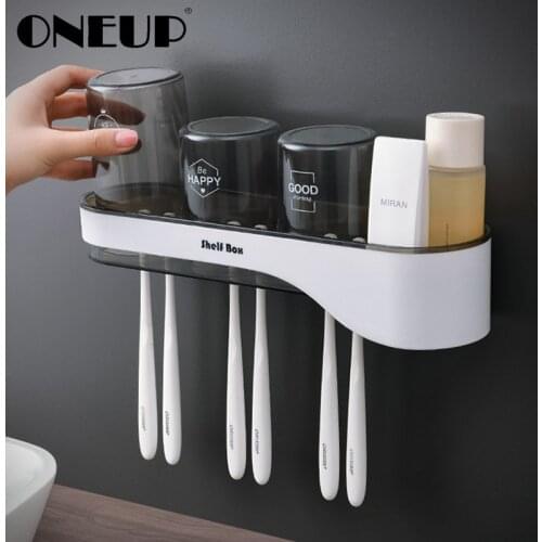 ONEUP Wall Mounted Toothbrush Holder With Cups Drainable Storage Rack For Bathroom Accessories Organizers Toothbrush Storage Set