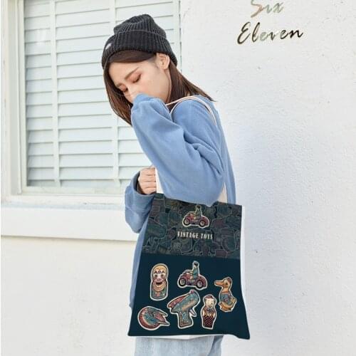 New 2021 Vintage Cartoon Toys Painted Handbag Women Bolsa Feminina Velvet Canvas Shoulder Bag Tote Shopper Bag Torebki Damskie