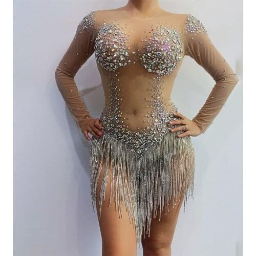 New Women Mesh Tassel Singer Costume Sparkly Rhinestone Transparent Bodysuit Dance Birthday Long Sleeve See Through