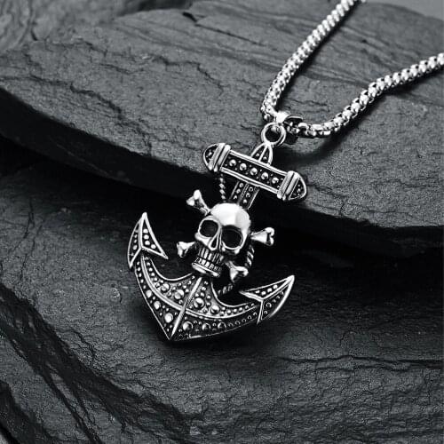 Hot Sale Free Shipping Gothic Anchor Skull Streetwear Pendant Necklaces For Cool Mens Boy Youth Bar Stainless Steel Culture Neck