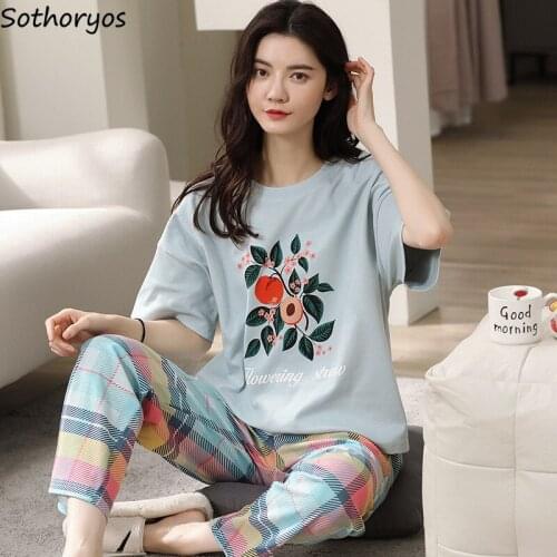 Pajama Sets Women Print Soft Loose Nightwear Korean Style Short Sleeve Tops Summer Hot Sale Casual Lady Fashion Harajuku Comfort