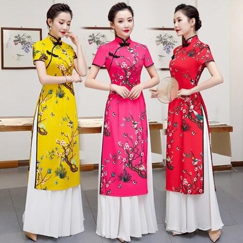 Traditional Chinese Women Short Sleeve Aodai Dress Autumn Satin Mandarin Collar Qipao Sexy A-Line Loose Cheongsam