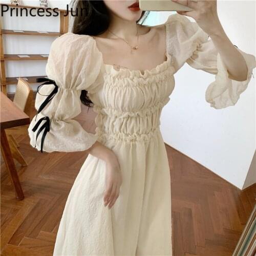 Retro Palace French Fashion Princess Lolita Dress Square Collar Pleated Slim Summer Holiday Dress Puff Sleeve High Waist Dress