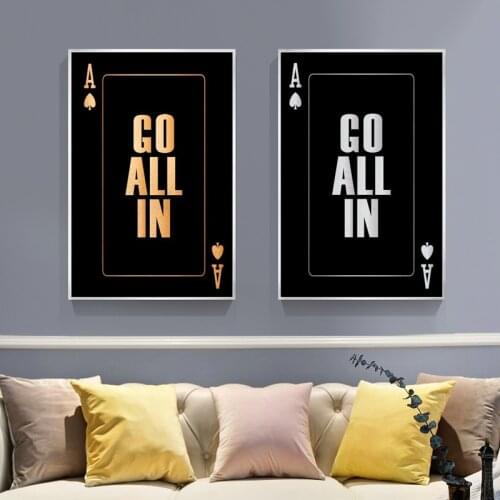 Go All In Motivational Quote Posters and Prints on Canvas Painting Gold Silver Wall Art Pictures for Living Room Office Decor