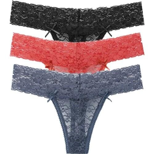 58 3 Pcs/Pack Sexy See-Through G-String Women Underwear Low Waist Lace Thong Erotic Lingerie T-back Seamless Panty