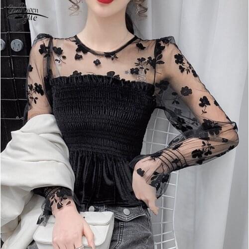 Spring New Puff Sleeve Black Mesh Short Tops Sexy Lace Bottoming Blouse Women Velvet Waist Skinny Shirts Fashion Blusas 12771