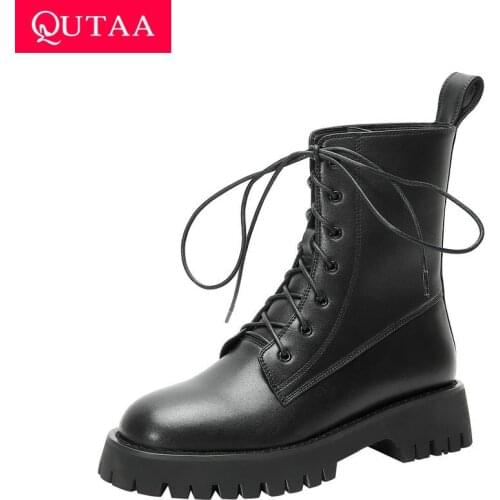 QUTAA 2021 Square Heel Lace Up Ankle Boots Cow Patent Leather Quality Ladies Pumps Round Toe Autumn Winter Women Shoes Size34-39