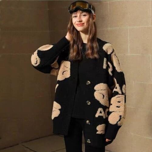 Autumn Winter Knitted Female Cardigan Loose Streetwear Knit Sweater Coat Cute Cartoon Print V Neck knitted cardigan Women Jacket