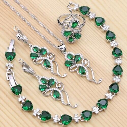 925 Sterling Silver Jewelry Sets Green Cubic Zirconia Ring Bracelet Necklace Pendant Earrings Gift for Women