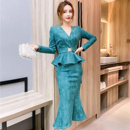New arrival fashion spring midi party dress women OL temperament personality v-neck long-sleeve slim thin ruffle mermaid dress