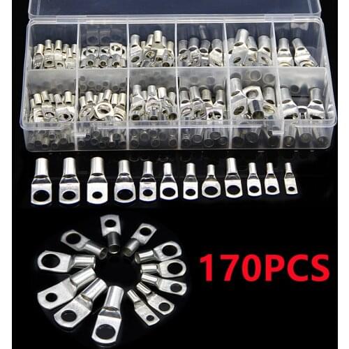 170PCS SC Bare Copper Cable Lugs Ring Seal Wire Connectors Tinned Copper Crimp Soldered Terminals Kit Suit SC10-6 SC16-8 SC25-8