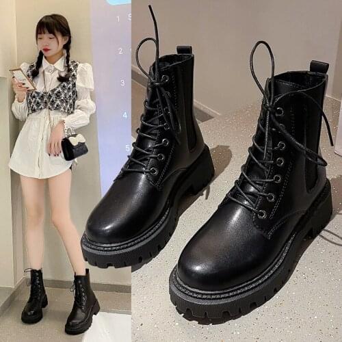 2021 Leather Martin Boots Thick-soled Flat Heel Women Fall British Style Lace Round Ankle Boots Women Platform Boots for Women
