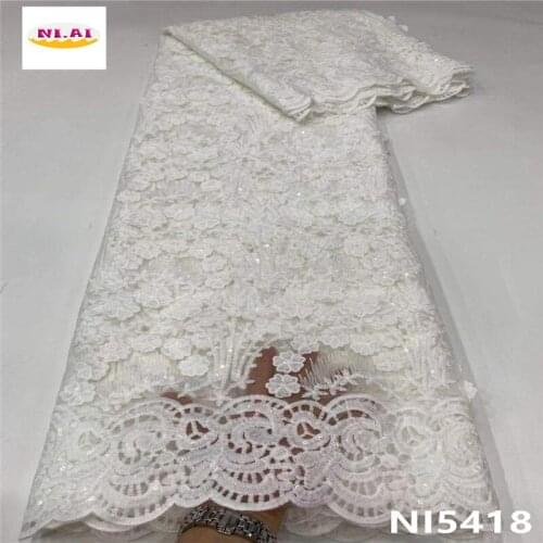 White Lace African Sequins Milk Silk Lace Fabric 5 Yards High Quality Embroidery Lace Tissu Sequins Net Lace Dress NI5418-3
