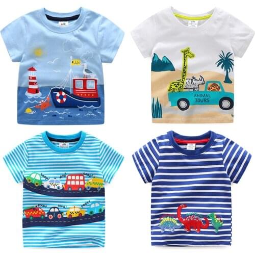 2021 Summer 2-10T ChildrenS Birthday Clothing Dinosaur Car Striped Print Short Sleeve Basic Tops Cartoon T Shirt For Kids Boy