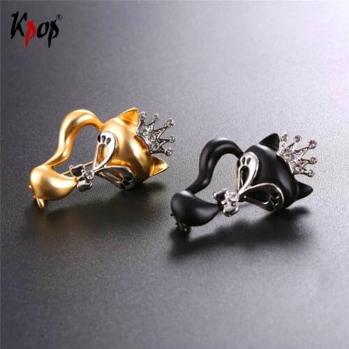 Kpop Broochs Austrian Rhinestone Crown Sexy Fox With Tie Banquet Accessory Gold/Black Color Gift Pin Animal Jewelry Brooch B2716