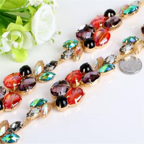 1Yd Gold Tone Colorful Crystal AB Rhinestone Chain Wedding Costume Trims Craft RT0048